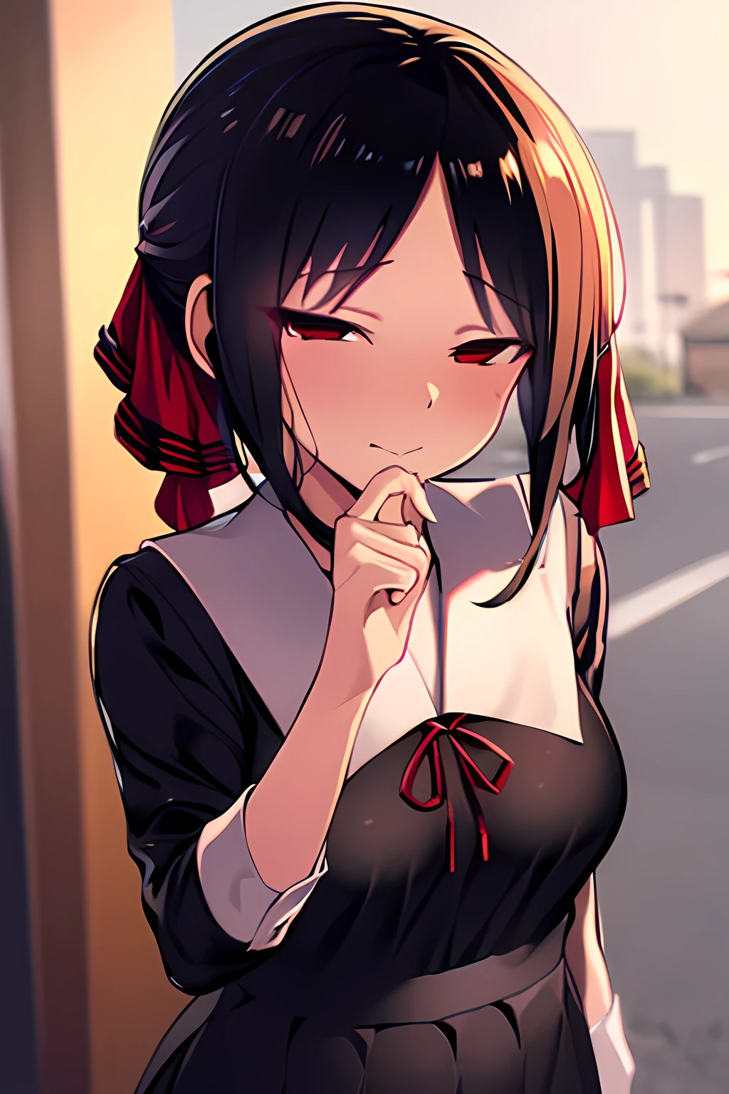 masterpiece, Best Quality, high resolution,shinomiya kaguya, red eyes, black hair, hair ribbon,school uniform,street,hand on own chin,thinking