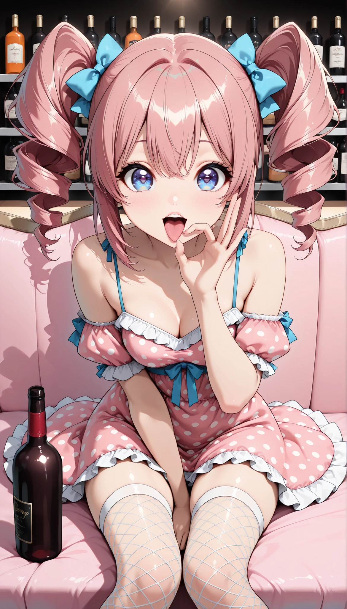 1 female, petite body, lingerie, fishnet tights, thighs, fellatio gesture, bar background, Bottle of liquor, Sit down, open the leg:1.4, Miho Nakano, (big eyes), (Xiaoyan), (High Detail Skin:1.2), sexy faces, Glamorous Expression, Beautiful appearance, pink hair, twin drill, (comic style eyes , laugh, droopy eyes), (Highest Quality, Very Detailed, CG illustration, masterpiece:1.2, Best Aesthetics).