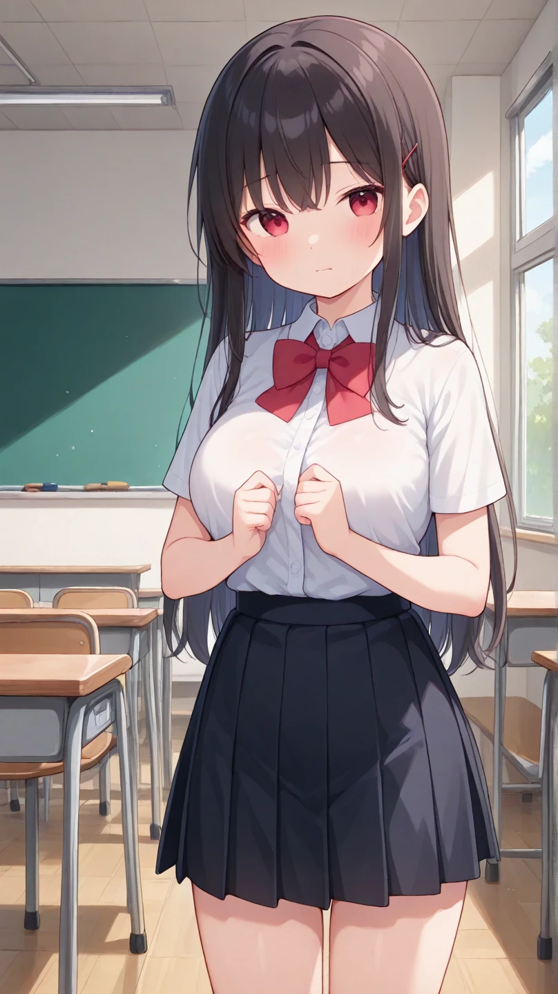 nsfw,Suzune Horikita, suzune horikita, Long Hair, Black Hair, (Red eyes:1.3), Hair Ribbon, Braiding,
break bow, (In underwear)
break indoors, classroom,
break looking at viewer, (Cowboy Shot:1.5),
break (masterpiece:1.2), Highest quality, High resolution, unity 8k wallpaper, (figure:0.8), (Beautiful attention to detail:1.6), Highly detailed face, Perfect lighting, Highly detailed CG, (Perfect hands, Perfect Anatomy),