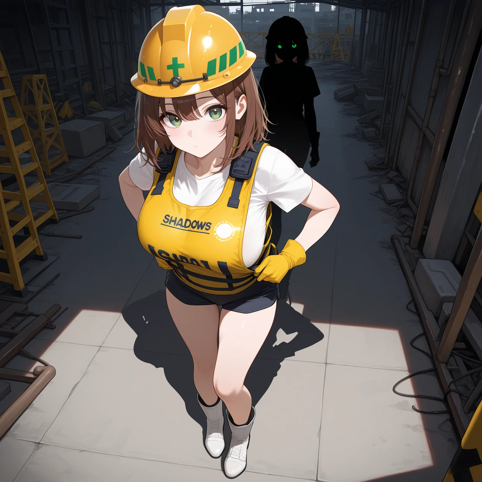 beautiful sexy girl in tight clothes and safety helmet working on a construction site, bent over working