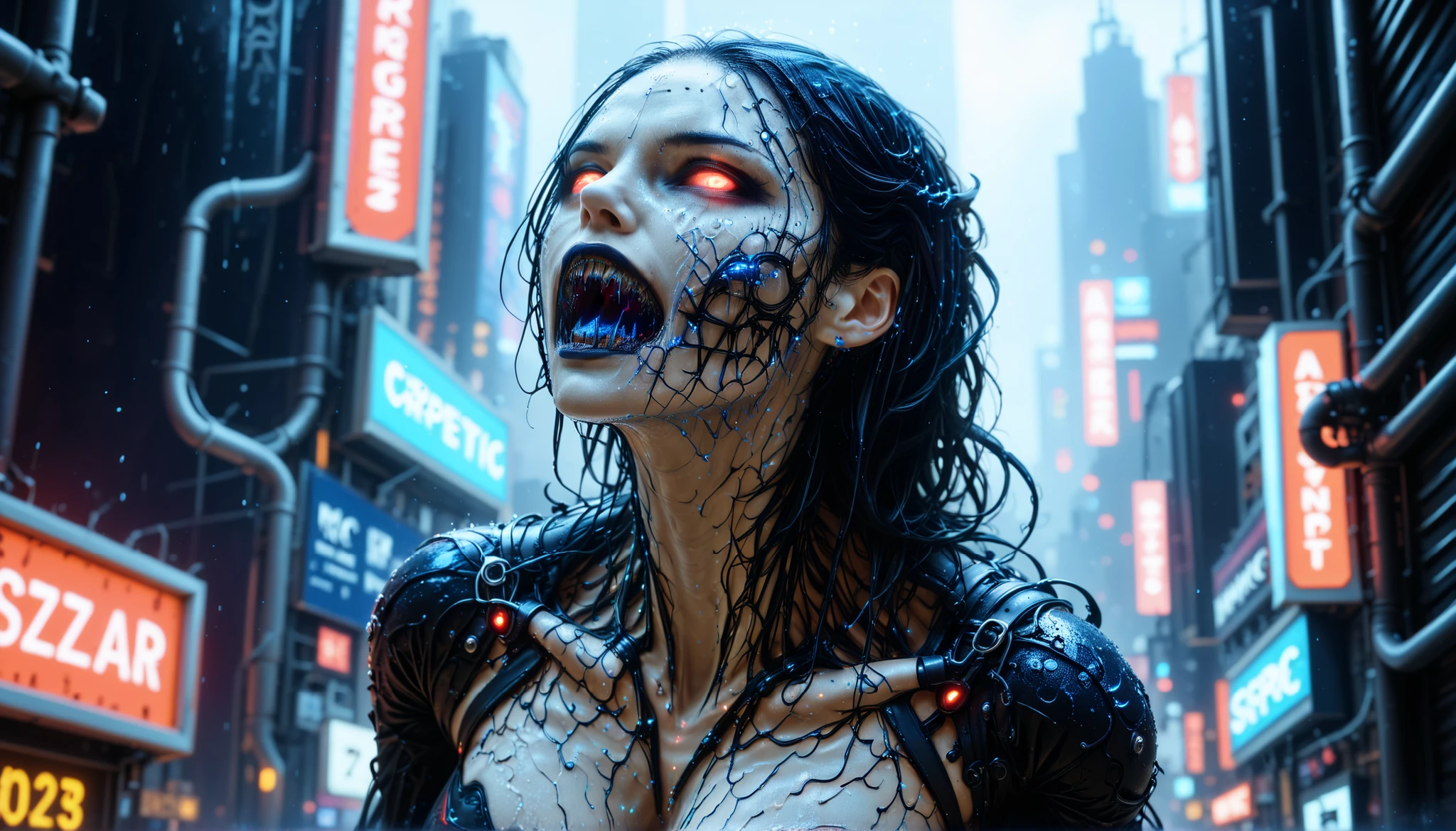view from above, cybernetic corruption, seductive cybernatic vampire, fangs,Neon Rainfall: A single vampire with dripping wet hair dyed electric blue, glowing pale eyes, in a soaked mesh top and cyber‑harness. She tilts her head up to catch neon rain under holographic billboards.
