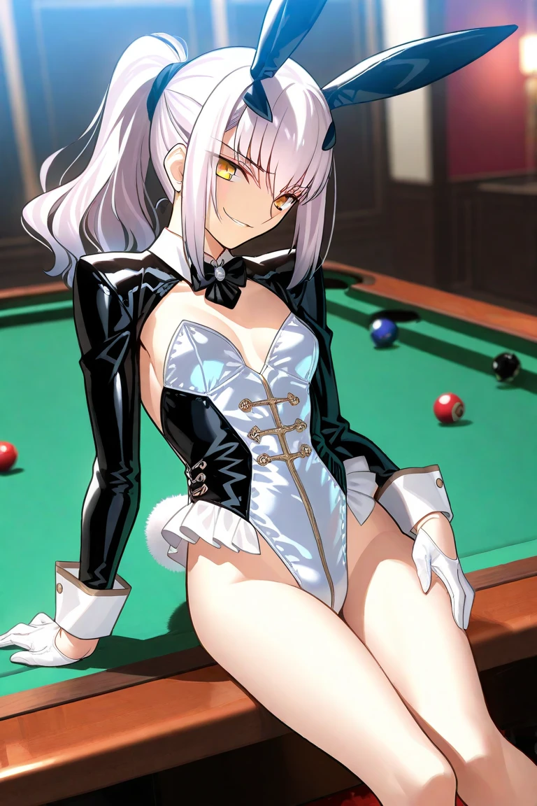 (masterpiece, best quality, absurdres), 1girl, solo, solofocus, white hair, long hair, green eyes, tiny breasts, preteen, closeup, indoors, night, pool table, playboy bunny, black bunny outfit, gold bowtie, whte collar, neon lights, slot machines