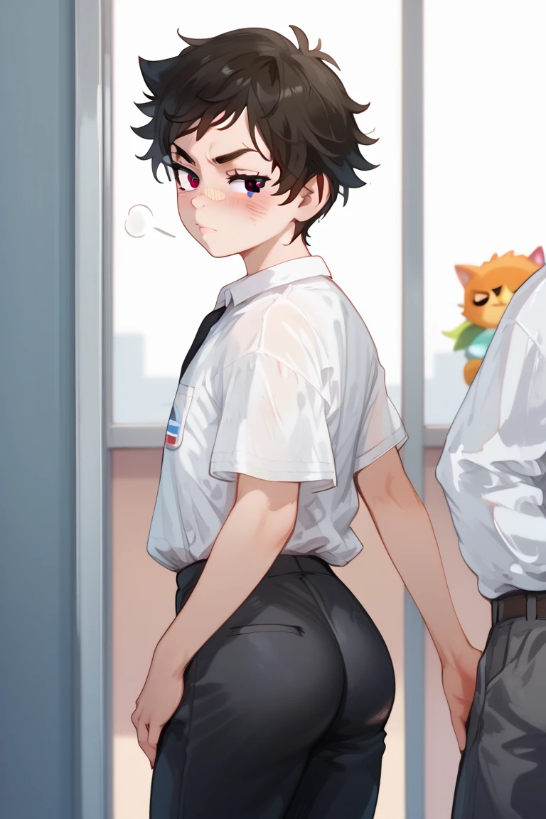 A bad guy with messy curly pixie bob haircut. Wearing a black baggy shirt. Pantless. Black eyes. Cat eyes. Height 168cm. A little thin. Brat. Boy facial features. Thick eyebrows. Flat chest. Medium ass. Arrogant. Bruises. Nosebleed.