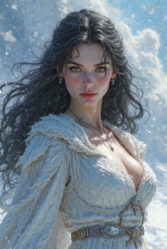 girl with curly hair, (in a costume consisting of snowflakes), dim light, many details, close-up, hyper-detailed, style by Greg Rutkowski
