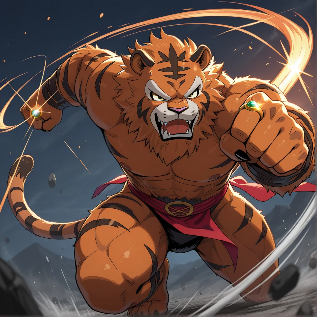 Kintaro close-up of a tiger in armor, Tiger_beast, Muscular werewolf has 4 arms, Fur-clad barbarian Goliath, fighting game character, As a character in Tekken, Barack, A hybrid from the Varior dynasty, Sabretooth, Anthropomorphic tiger, goron brute, muscled humanoid balrog demon, Strong and ferocious, inspired by Li Kan
