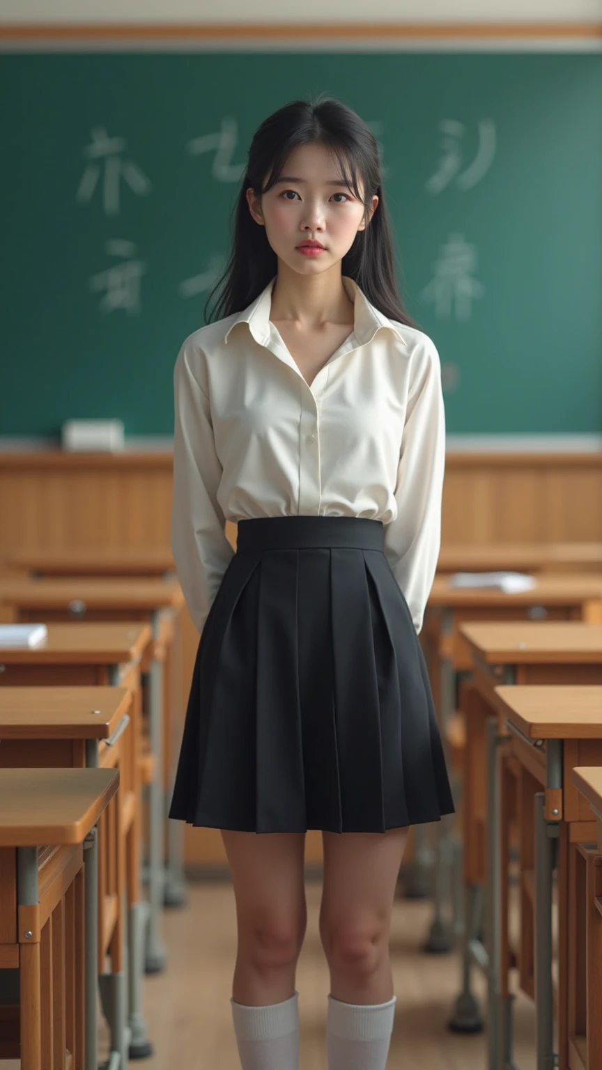 A girl,Wearing a white top and a black skirt,Hair is black,Wearing white shoes with black socks,Standing in the classroom with a book in hand
