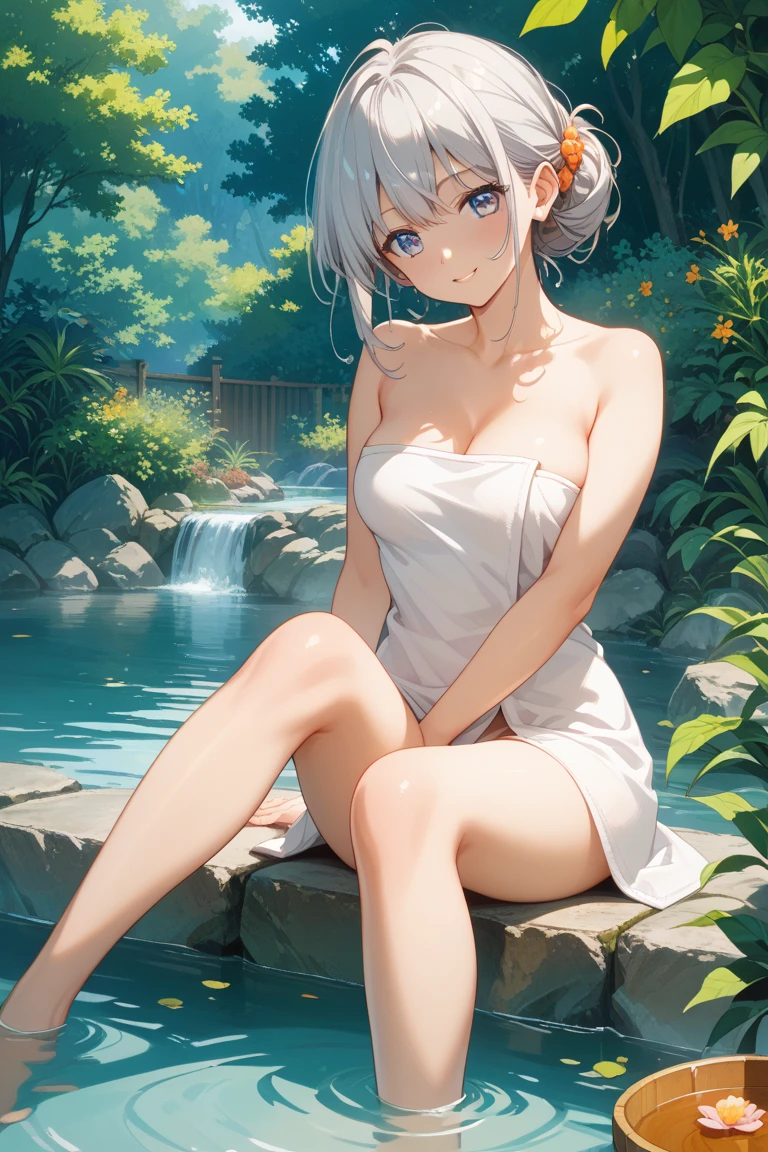(Highest quality, High resolution, Very detailed), Silver Hair, Super short hair, Reddish brown eyes, leopard print tank top, micro mini skirt, lace thong, Large Breasts, 24th generation, Beautiful woman, mature, quiet, Calm, A small smile, Garden, fountain,