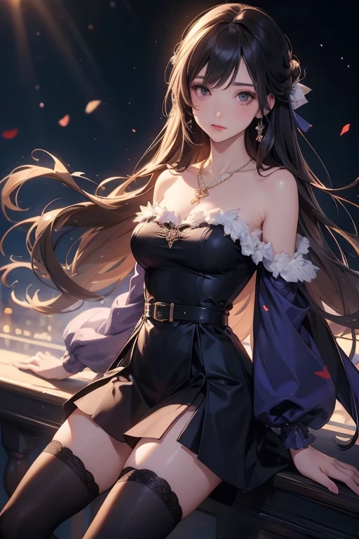 A woman in a dress and stockings standing in front of a tree, wedding dress, off the shoulder, long wedding veil, necklace, jewelry, (skirt parted in front), thigh highs, (panties:0.9), big rounds breasts, dark brown hair, long bangs, long hair, ponytail, wavy hair, expressive hair, shiny hair, hair flower, ribbon, aqua eyes, glowing eyes, pupils sparkling, earrings, smile, glossy lips, blush, embarrassed, nervous smile, beautiful detailed face and eyes, perfect anatomy, standing, outside, jewelry, high detail, anime, anime style, cinematic lighting, dithering, image fill, multiple views, from the front, from above, from below, from behind, from side, wallpaper, game cg, perspective, Wide-Angle, f/1.8, 85mm, Sony FE GM, 8k, super detail, UHD, retina, masterpiece, accurate, anatomically correct, textured skin, high details, best quality, highres, 16k