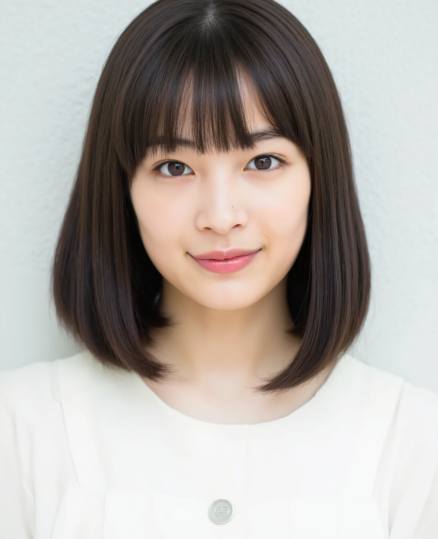 This photo shows a young woman with a graceful and calm temperament. The following is a detailed description of the image: *the character's posture and expression: The woman's face takes up the main part of the photo, Her head tilts slightly forward、I'm looking at the camera, I focused deeply. her expression is gentle , she has her lips tightly closed, and she wears pale pink or nude lipstick, expresses natural beauty. due to posture and composition, nicely trimmed、her facial features are clearly visible, has an artistic focus effect. *hair: 彼女のhairは黒hair, semi-long, nicely trimmed, has a button on the back. 額の濃い前hairが眉毛をわずかに覆っている, hairは自然に落ちており、slightly forked Has edges, adds casualness and vibrancy. 彼女のhairは滑らかな質感を示している, The overall design is simple and fashionable, reflects her temperament. *Clothes and accessories: She is wearing a white top made of smooth and soft material, probably silk or high quality cotton, fits her shoulders and chest, shows off a simple yet elegant style. *Background and lighting: background is white wall. The light is soft and natural, It accentuates women's contours.
