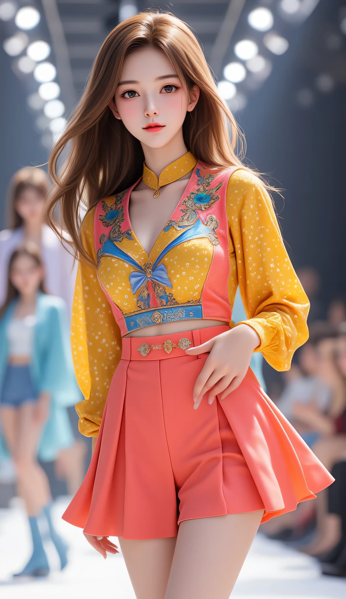 (super cute young face:1.2),
very beautiful cute girl ,
japanese idol face,
brown hair,
fair skin,
newest Trend air of young lady clothes coordination,
gorgeous design vibrant vivid colored tops ,
flare skirt,
cute boots,
(beautiful knees:1.3),
in the fashion show run way