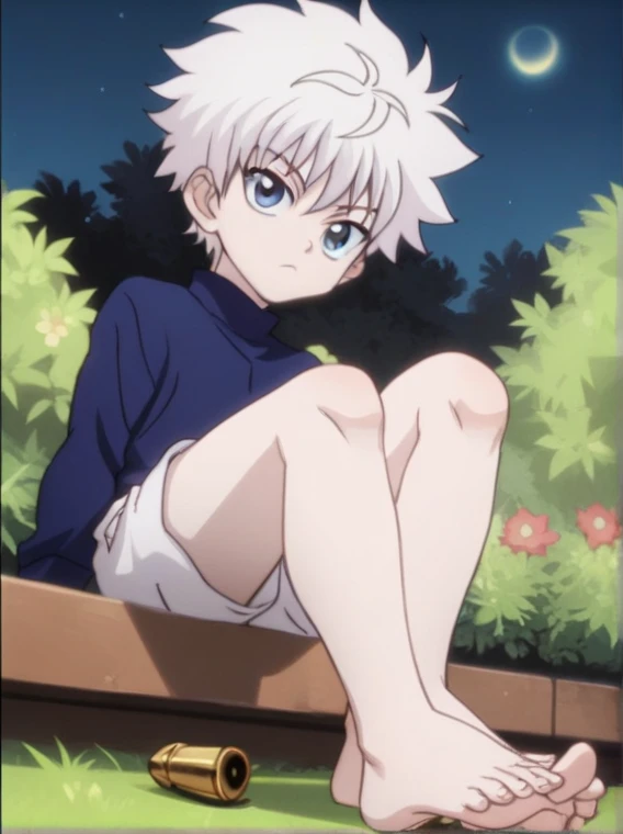 masterpiece, best quality, high quality, 1boy, solo, male focus, looking at viewer, full body, killua_zoldyck, background blood moon, wearing satin pajamas shorts, the material of satin pajamas is shiny, soft and smooth to the touch, no underwear,bulge,magic effect, complex light