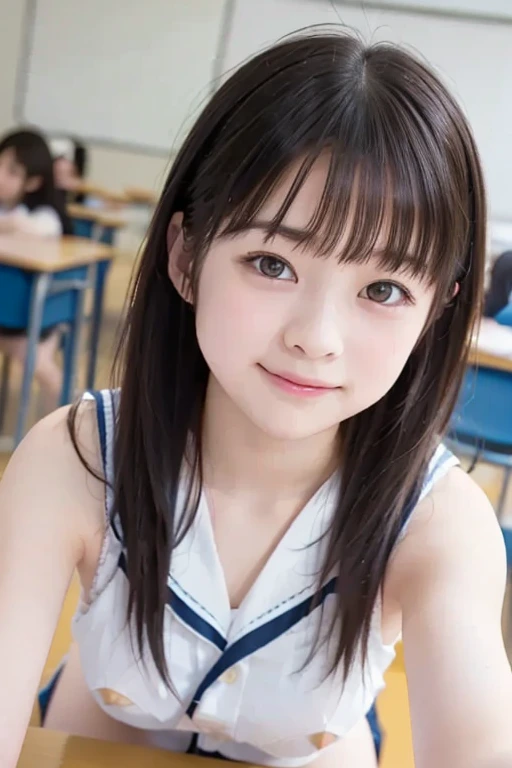 1girl, cute, , smiling, look at viewer, sailor uniform, seifuku, photo, realistic, best quality, hires, detailed face, classroom, detailed background, diffused lighting, depth of field, bokeh