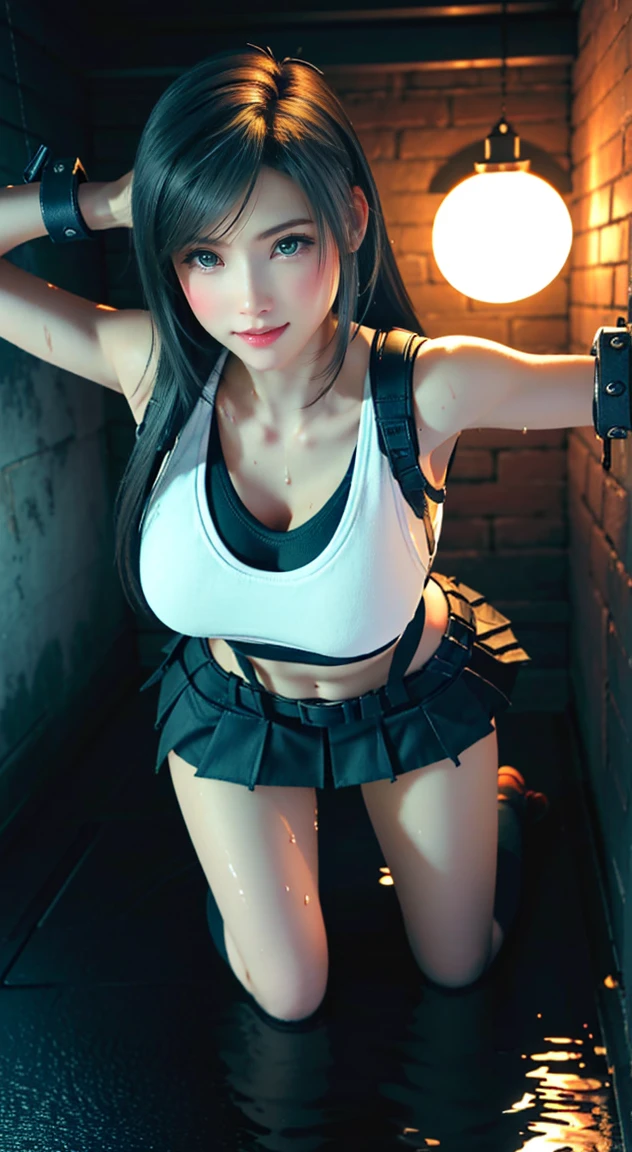 {top quality, masterpiece}, {{{Realistic, photo Realistic}}}, BREAK {{{FF7,Tifa_lockhart,solo}}},{{{A dark, barely lit torture chamber, wet, night}}},(face focus:1.1),{on all fours}, BREAK (((FF7,Tifa_lockhart))),{Light Brown Hair, Large breasts},(torn Tifa_lockhart uniform:1.3, suspenders, low rise, torn mini skirt,torn tank top), {torn clothed:1.3}, BREAK (((FF7,Tifa_lockhart))),(crowd of monster:1.3),(many monsters:1.2), wet hair, about 18 years old, (no bra),(no panties), sensual, looking away:1.2, monsters attaking:1.3,(Tifa_lockhart,cornered against a wall),(being chased,run away),{{{approaching fear, scream, pain}}}, monsters crowd :1.7, (overflowing tears:1.3), open mouth:1.1, wet body:1.3, swet body:1.2,