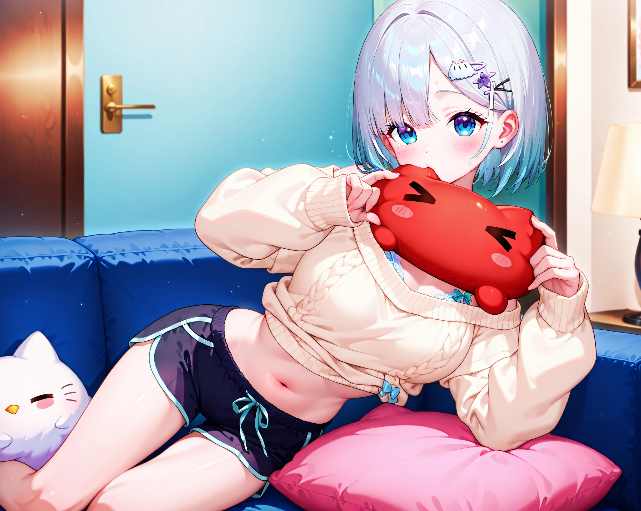 (masterpiece, Highest quality), Small breasts, Cleavage, Ruffled swimsuit, Gray Hair,Twin tails, short hair, Sit on a cushion , (Suggestive:1.2), (smile:0.7), Upper Body