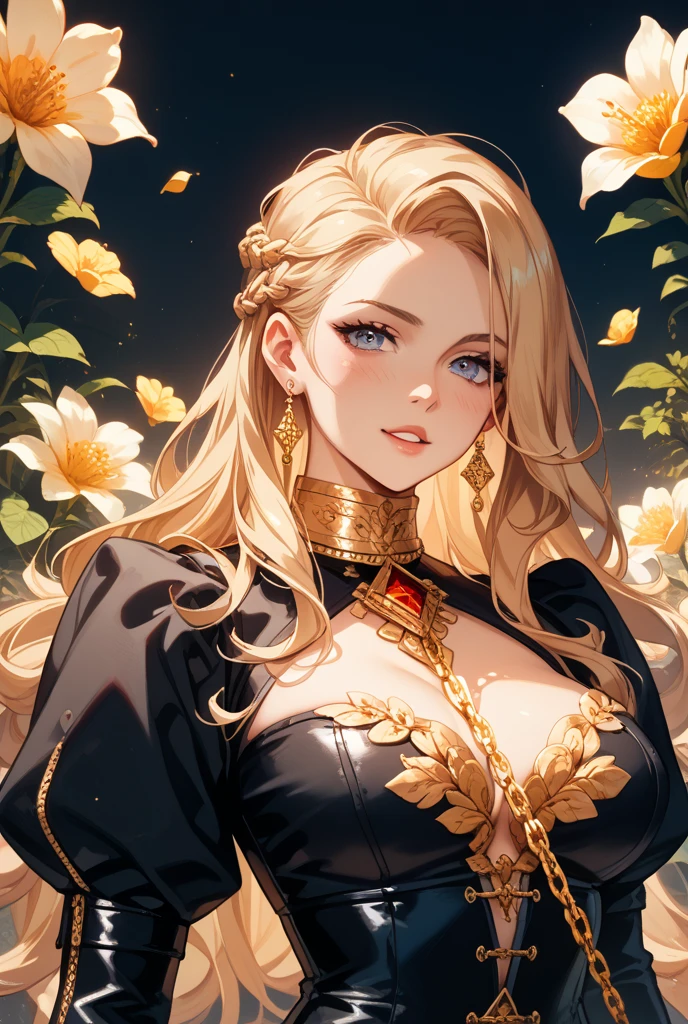 (Ultra-high resolution , highest quality, high contrast, masterpiece:2.0,highest quality,best aesthetics, high detailed, very detailed, high detail quality, up to date ) ((detailed)) ((pretty eyes)) ((upscale)) ((best quality)) ((masterpiece)) A pretty woman with pretty yellow eyes that have the color of honey, golden hair that shines like the sun, a beautiful fantasy dress with many yellow, white and black details, a flower crown on head, colorful flowers, pretty flowers, very detailed, bees, perfect face, detailed clothes, flower detail on clothes, yellow shine, colorful detail, colorful flower detail
