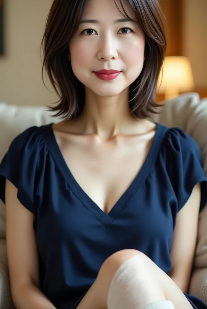 The face of a beautiful Japanese woman in her thirties with short hair, sitting on a blue sofa wearing a dark blue long-sleeved cotton shirt and jeans pants, looked a little surprised when she heard the unexpected proposal. Focal length 100mmf/2.8, spring evening, sunny, living room on the upper floor of a high-rise apartment, well-shaped face, toned body, close-up of expression, bird's-eye view, sense of presence, 8K image quality, highest quality.