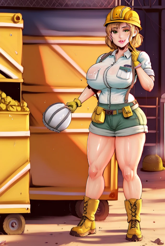 shortstack, dwarf in the mines, dirty clothes, blonde, braided hair, worker_\(pokemon\), <lora:dirty_v0.1:0.9>, cleavage, <lora:Worker:0.9>, white tank top, safety vest, cave, construction site, underground, mining equipment, pickaxe, <lora:shortstack:1>, masterpiece, best quality, detailed face, high highres, absurdres, 8k, 4k, hd, high quality, high definition,