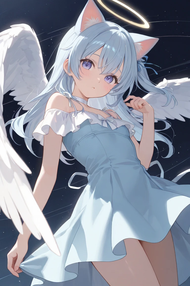 beautiful illustrations, highest quality, pretty girl,beautiful girl、clear face、 half girl、pastel colour ,silver hair、black eyes、smile、blush、にこやかなsmile、thighs、Angel、white wings、fantasy、fantasy、perfect hands、five fingers