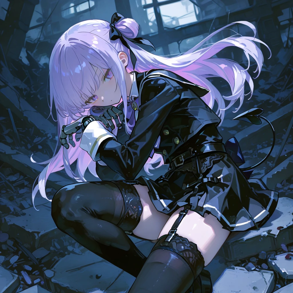 ((masterpiece,best quality)),1girl,solo,flat chest,chain, cuffs, shackles, broken_chain, collar, chained, handcuffs, barefoot,black and white hair, long_hair,metal_collar, solo, ankle_cuffs, broken, purple_eyes, very_long_hair, ball_and_chain_restraint, bound, bdsm