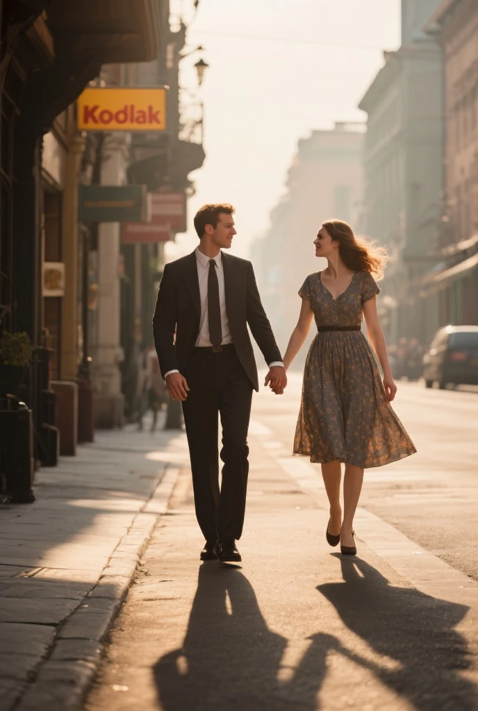 A woman in the 1950’s in a red white polkadot dress flowing in the wind caught off guard with her back facing the camera and her body against her boyfriend when she looks back at the camera