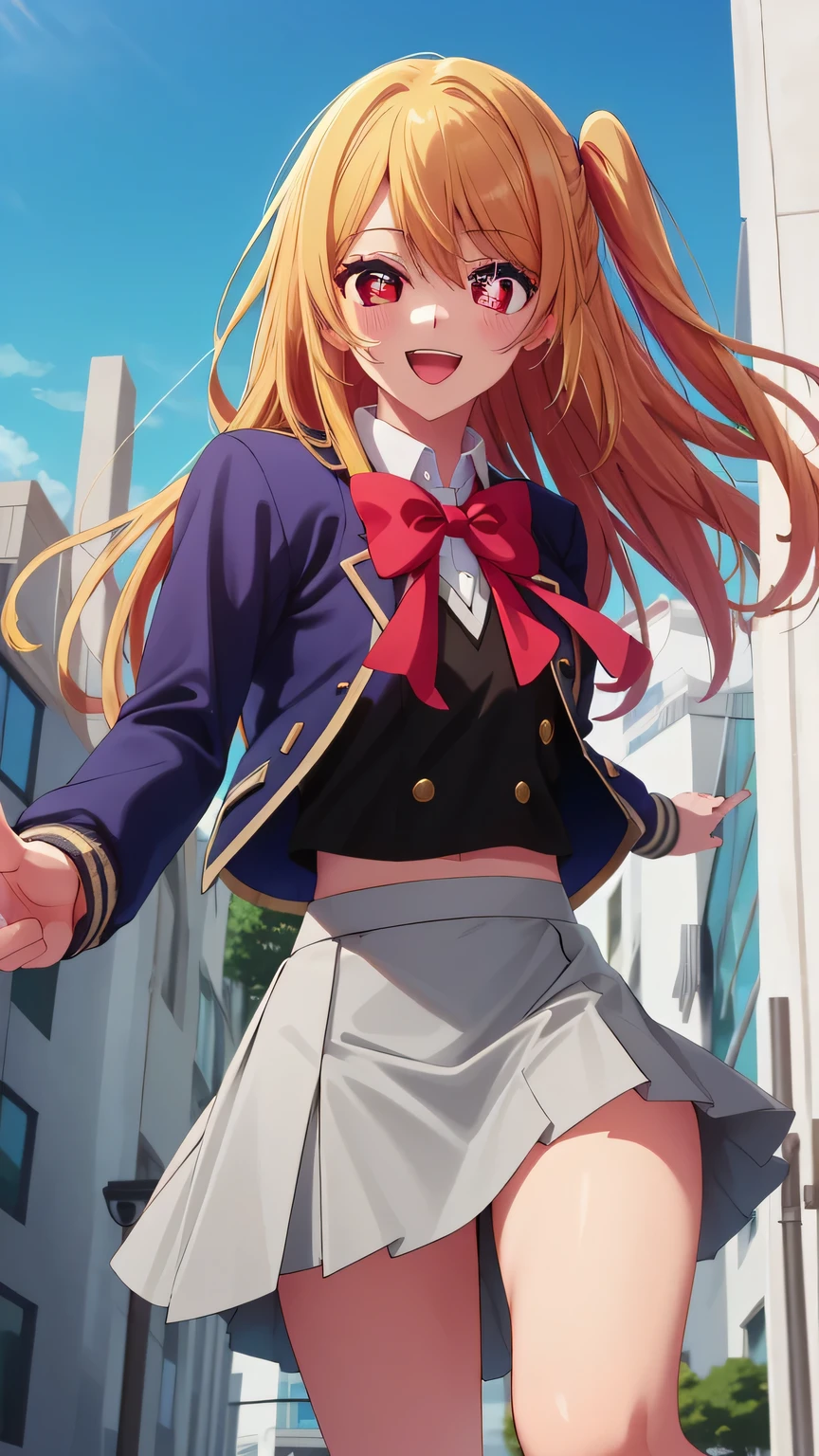 {{{masterpiece}}}, (best quality:1.5), (ultra-detailed:1.5), {illustration}, {{an extremely delicate and beautiful}}, (beautiful detailed eyes:1.6), absurdres, highres, extremely detailed face, 16k, hd, visual anime de uma jovem mulher, extremamente bonito rosto de anime, anime melhor garota, (perfect hands, perfect anatomy), anime face, ruby hoshino(Oshi no Ko), eft_oshi_ruby, 1girl, solo, cute face, blonde hair, long hair, (one side up:1.3), bangs, sidelocks, (red eyes:1.8), big eyes, sidelocks, (mismatched pupils:1.5), one star-shaped pupils, (Star Shaped pupil in left eye:1.5), medium breasts, big hips, curvaceous, BREAK, {Youtou High School Uniform}, {school uniform}, (blue jacket:1.3), (long sleeves:1.2), blue sleeves, (cropped jacket:1.2), pink bowtie, (black vest:1.5), white shirt, collared shirt, mini skirt, flared skirt, (gray skirt:1.5), socks, knee socks, white socks, BREAK, open mouth, smiling, flushed cheeks, pointing, dancing, walking, flushed cheeks, looking at viewer, outdoor, city, building, sky, daytime, cowboy shot