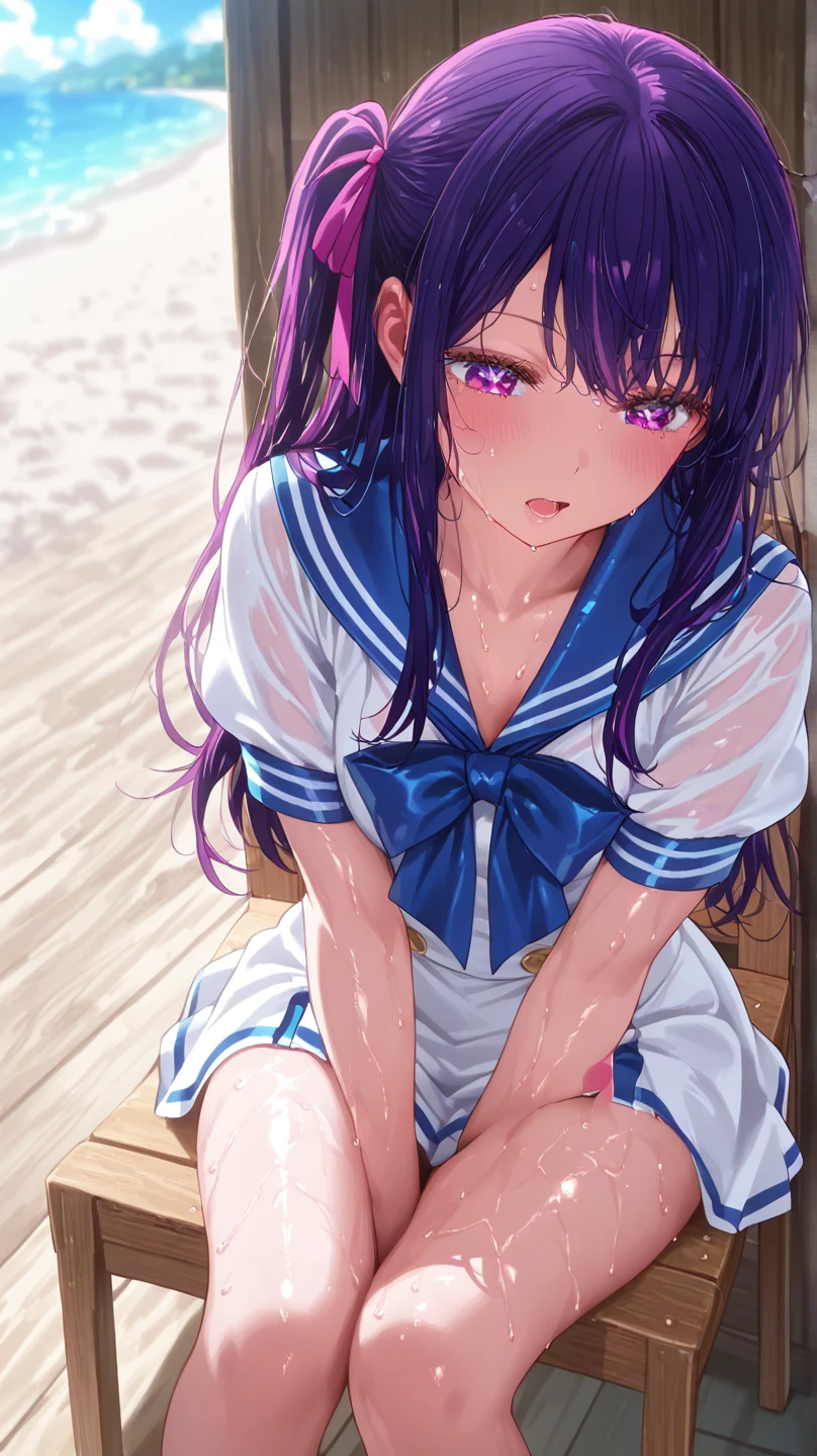 Huge 、 Summer rural bus stop、sit on a bench、 Sheltering from the Rain、 Sailor suit、 Shyness、 Glare、 Cover your chest with your hands、Wet、heavy rain、ずぶWet、Rainy Sky