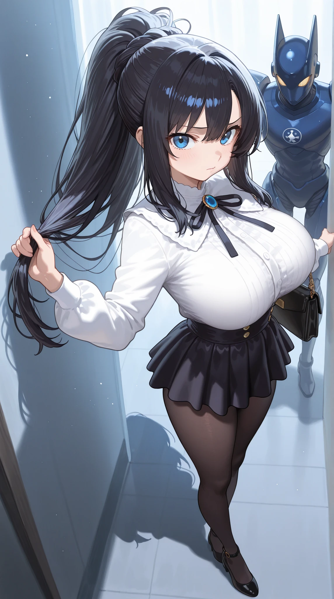 An Insanely Excessively Thickened young Girl, ((17 years-old)), with Breasts that are Overwhelmingly Big and thighs getting even Bigger by the second, Long Black Hair, Beautiful Blue eyes, (((Extremely Embarrassed))), (Scared), her clothes are very tight, and getting increasingly tighter because of her Overinflation, ((She is now beyond Quadruple the 100FF size Breasts, and is still rapidly Expanding)), huge Cleavage, ((wearing a slightly too small, Extremely Tight High-school Uniform, her thighs have significantly outgrown the High-School uniform)),