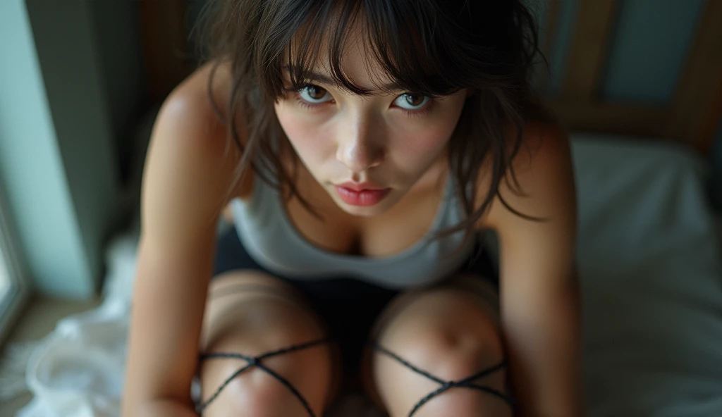 (((Wet light pink knitwear Jail Rope bondage costume))),(((looking at viewer:1.5))),(((Tied to the floor, kneel))),(((using black collar chain))),(((view full body))),(((Photographing a girl away from ))),ulzzang-6500-v1.1, (Raw photo:1.2), (Photo realistic:1.4), a beautiful detailed girl, extremely detailed eye and face, beautiful detailed eyes, ultra-detailed, High resolution, top-quality, masterpiece, highly detailed, 8k wallpaper, Wonderful, finely detail, top-quality, Light on the face,电影灯光,1girl in,(Jail in Prison),Beautiful eyes,Teary eyes begging for life,Open Mouth