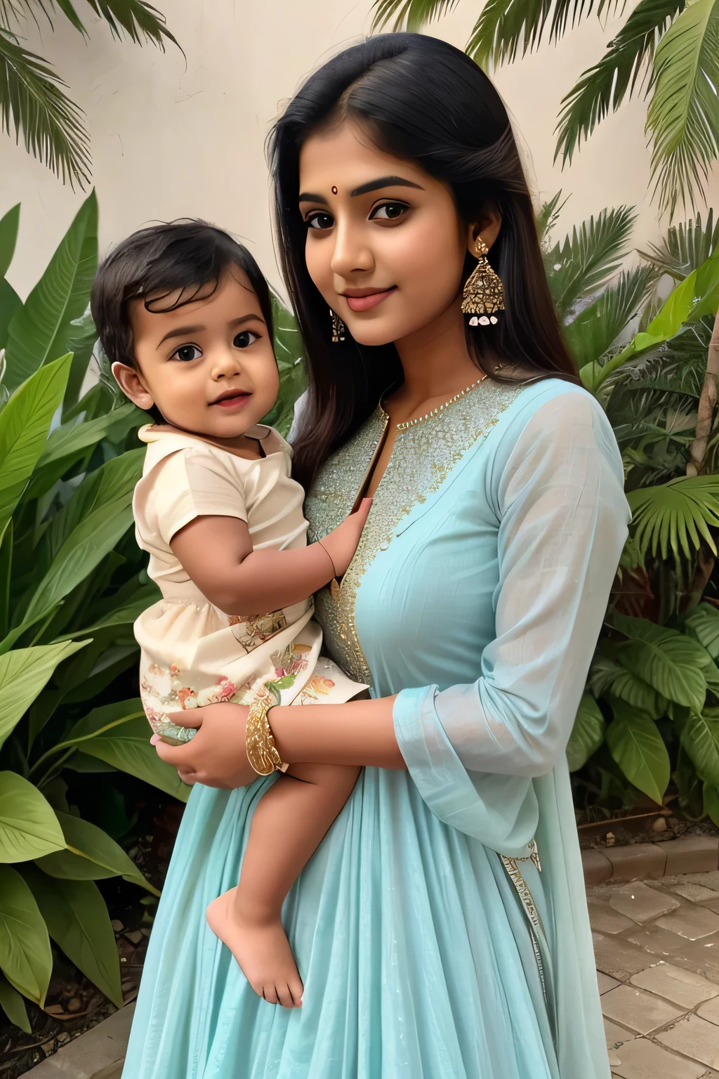 16 years old cute beautiful full hot romantic mood indian girl with smily face with small size boobs with different types of Hair style with stylish trending modern different color full stunning dress with his 2 years old cute little baby with cute full size straight full hot pic