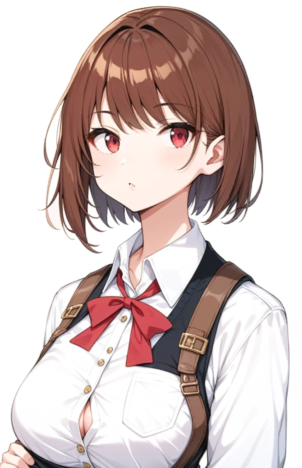 (highest quality), (Super detailed), (Best Illustration), (beauty), (front), (brown blazer), Upper body, (very big breasts), embarrassing, cheeks are red, bangs, bob hair, light brown hair, brown eyes, slightly droopy eyes, white background