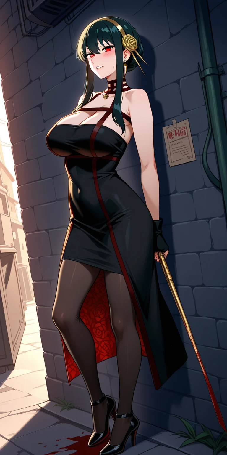 masterpiece, Medieval, pale skin, prominent cheekbones, dark red hair in bun, giant breasts, black lace dress, curvy, lipstick