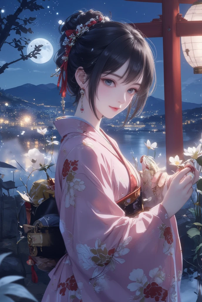 (Official art、top-quality、in 8K、​masterpiece、nffsw、超A high resolution、Raw photo、Unity 8k Wallpapers、32K、​masterpiece、ultra-detailliert、超A high resolution、realisitic、Photorealsitic:1.2)、(Fantastical、moonlights:1.2)、(depth of fields)、(Full body:1.3)、Fireglow effect、film grains、Best Shadows、(Ultra-detailed and complex 3D rendering)、(Looking Up、Full moon visible、starrysky、Looking away:1.5)、Detailed beautiful face and eyes、(super detailed skin、detailed skin textures:1.3)、Realistic pupils、Sharp pupils、A slender、Medium bust、Highly detailed background、beauitful face、16-year-old beautiful girl、Girl like a Japan doll、shinny skin、bob cuts、Beautiful black hair、Blunt bangs、Red Eye、(Gentle look、A slight smil)、Floral kimono、Japan garden、beauty legs
