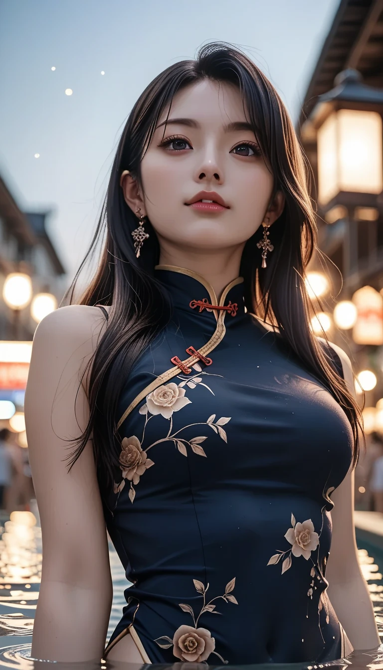 ((best quality)), ((masterpiece)), (detailed), realistic, surreal, surreal, masterpiece, 8k, official art, absurd, high resolution, high quality, ultra-detailed, beauty and aesthetics, futurism, technology, city, night, rain, (1 girl:1.5), cyberpunk, chinese clothing, cheongsam, mechanical parts,
