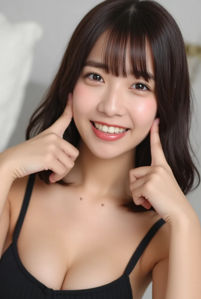 Highest Resolution, 4K, masterpiece: 1.3), Japanese Female college student sexy, Beautiful Eyes, Slim figure, Realistic teeth, double eyelid, whole body, Highest quality, detailed, At the gym, training, Sweat, Blushing, Silly laughter/Proud laugh, Large Breasts, Simple Background, Black Hair,