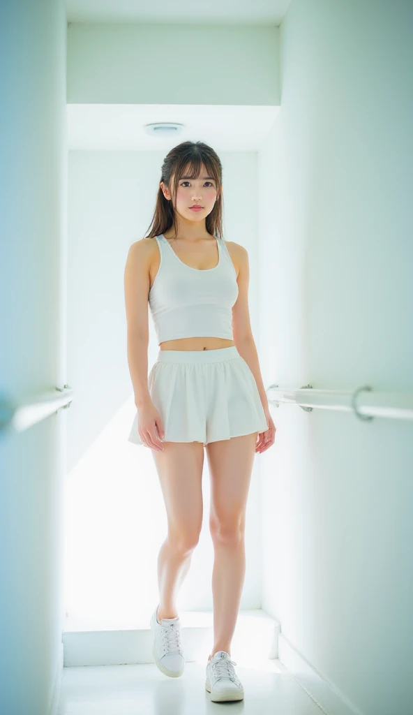 araffe woman in a white dress posing for a picture, Minami Tanaka、,a sailor suit、Poolside in summer、Sunflowers、Ultra mini skirt、beautiful thigh、Beautiful ponytail、white panty、Minami Tanaka, a high school girl、
