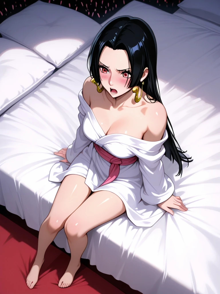 AYui,1girl, solo, japanese clothes, long hair, blush,lying, kimono, sash, pillow, obi, bangs, blunt bangs,sweat, wide sleeves, ponytail, on bed, collarbone, bed,makeup,lipstick,smile, looking at viewer,
, <lora:AYui_test5:0.85>