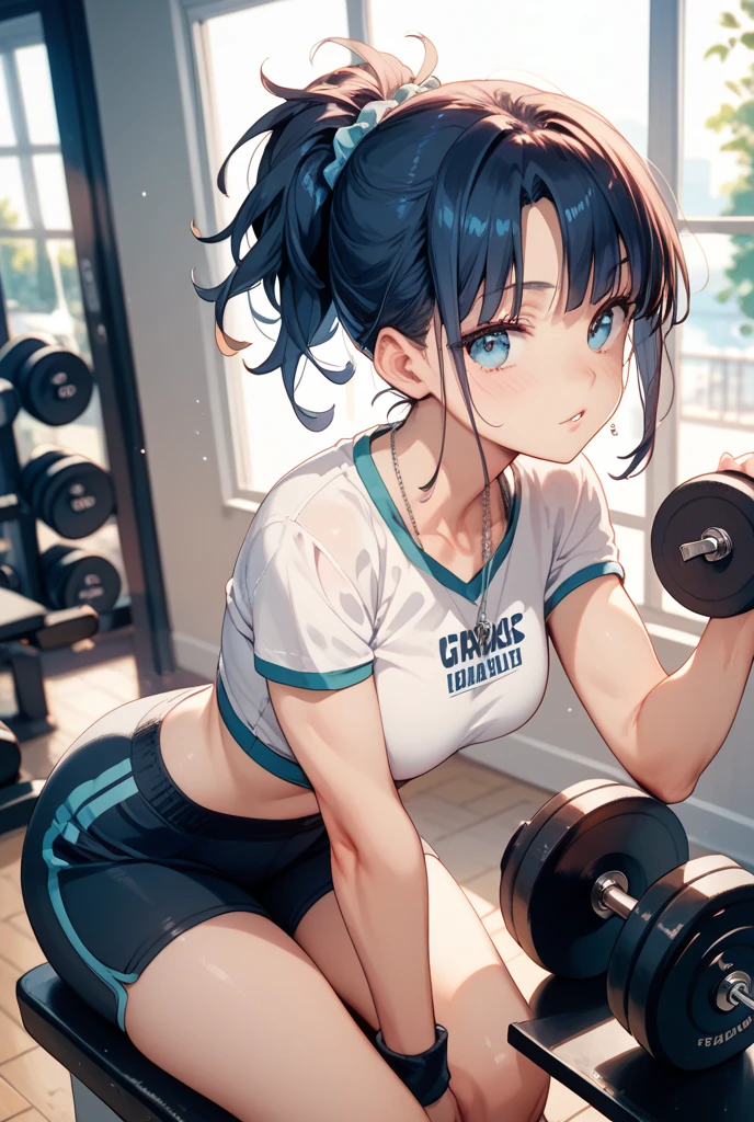 cowboy shot,highest quality、best image quality、In 8K,4k,masterpiece、Super detailed、beautiful、super high quality, highest quality,High resolution, Super detailed,game CG,dutch angle,beautiful detailed eyes,five fingers,beautiful女の子, 1 girl, bangs,black hair,blush, flat chest,from diagonally above,looking at the viewer,((bun hair)),(white gym uniform,dark blue buruma:1.5),sitting,(wariza:1.5),Sweat,see through