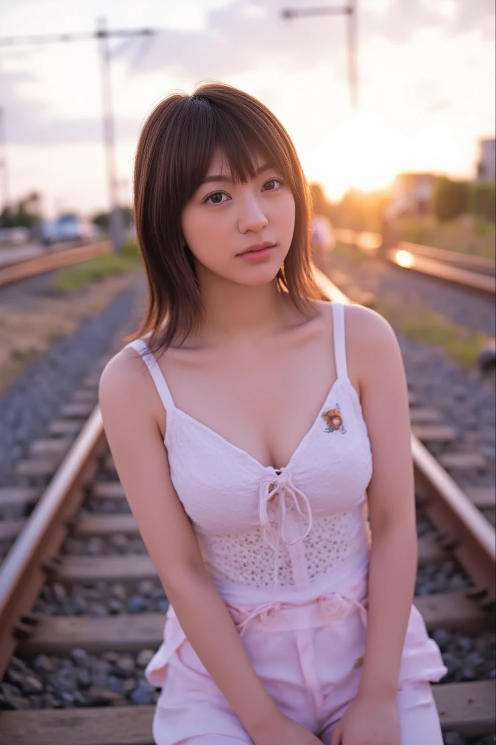 magazine cover、Cafe、waitress、reality、8K,japanese woman、beautiful girl、white skin、17 year old beautiful high school girl、beautiful breasts、big pink areola、Medium chest、Open white blouse、troubled face、short bob、wavy hair