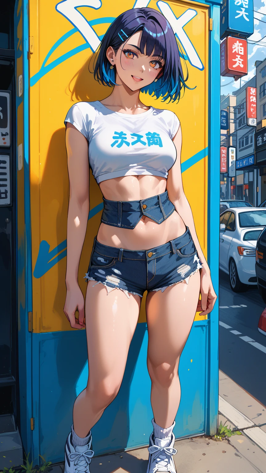 (vintage),(Retro),(Cartel), advertising with perfect girl, clothing oversized blue jeans and white t-shirt with open waist(sexy), inside nightclub, Masterpiece, comics(tokyo city) (1990)
