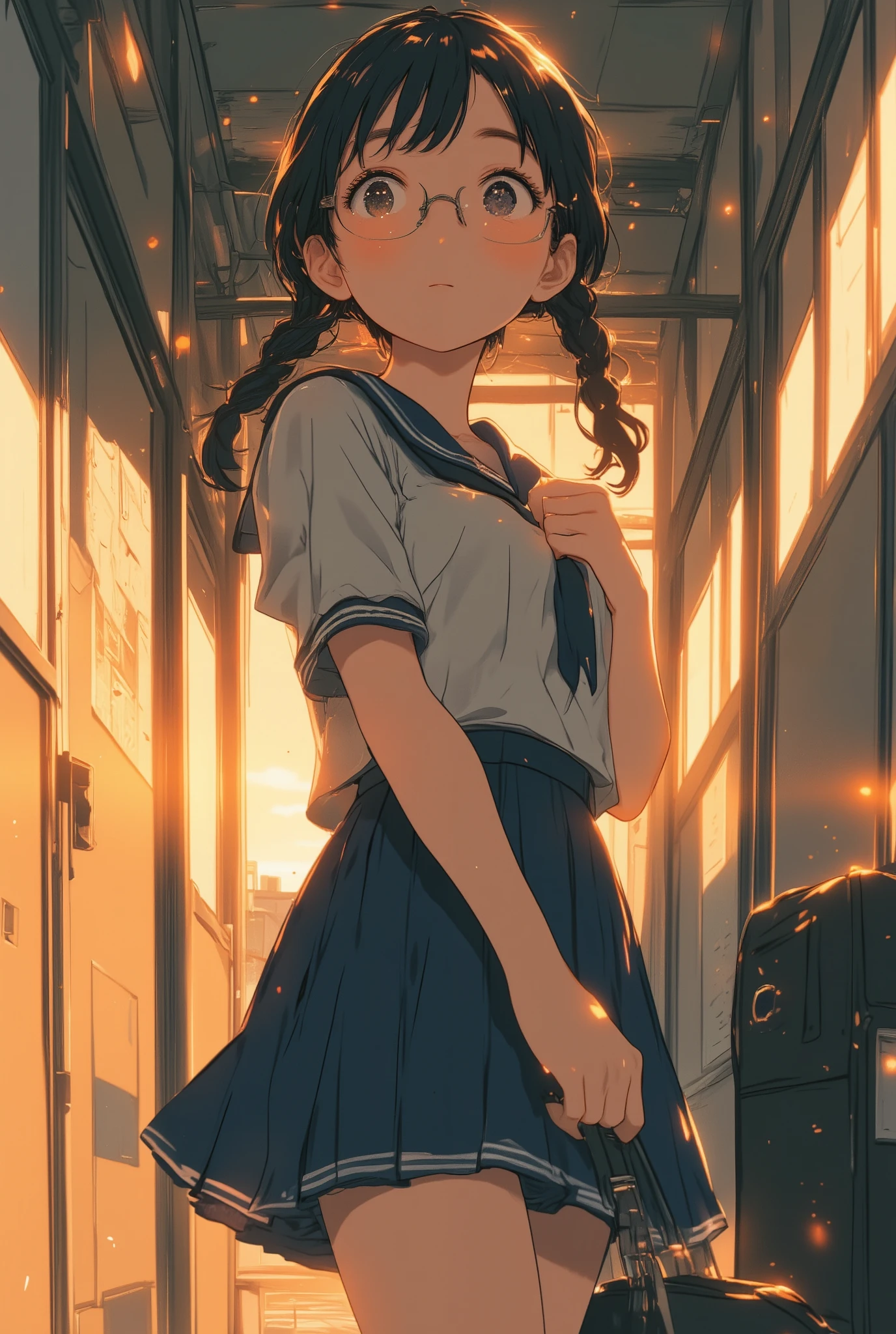 mid-angle view,
a modest-looking Japanese high school girl with glasses and neatly braided twin pigtails, standing in a quiet hallway after school,
she clutches her schoolbag tightly in front of her chest, cheeks slightly flushed, eyes widened in surprise, lips slightly parted in hesitation,
her body is turned slightly away, but her head is angled toward the person confessing to her, capturing a mix of shyness and hidden happiness,
she wears a plain sailor-style school uniform with a muted color palette, skirt length slightly longer, posture reserved and introverted,
drawn in a high-detail cinematic anime style with glowing golden hour backlight, sharp rim lighting on her hair and shoulders,
the background is softly lit by a low sunset through hallway windows, casting long shadows and a warm ambient glow,
dust particles float in the air, emphasizing the stillness and intimacy of the moment,
main color palette: soft navy, pale gray, peach-orange highlights, and warm amber tones,
emotional atmosphere: quiet, tender, and slightly awkward, with subtle vulnerability and sincerity,
best image:1.5, cinematic anime lighting:1.4, emotional intimacy:1.3
