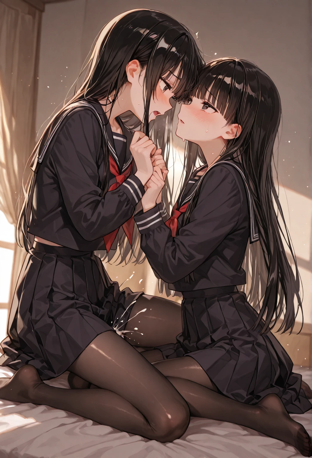 (superflat, flat shading, flat colors), masterpiece, best quality, classroom, 2girls, goth makeup, schoolgirl, loli, black dress, lace stockings, lace panties, black classroom, kissing, hugging, sex, passion, posing