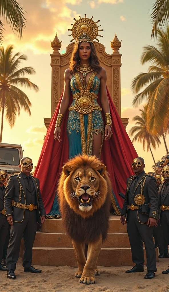 araffe woman in a colorful dress standing in front of a herd of lions, african queen, stunning african princess, black african princess, african princess, wakanda, queen of the jungle, the smooth black lioness, wakanda background, loin cloth, regal pose, epic 3 d oshun, beautiful full body concept art, regal and proud robust woman, stunning art