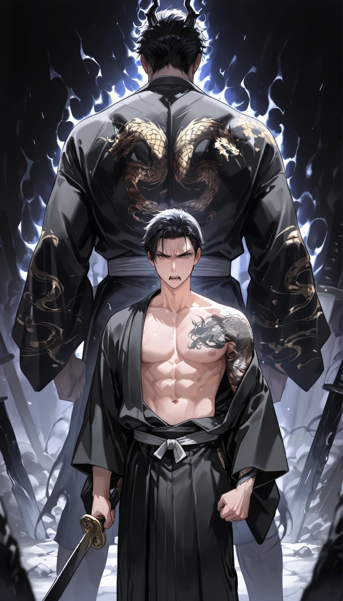 yakuza young boy, short hair, handsome, black gold kimono, standing, topless, black aura, dragon tattoo, kill the enemy with a great sword, outdor, looking at viewer, angry, talking