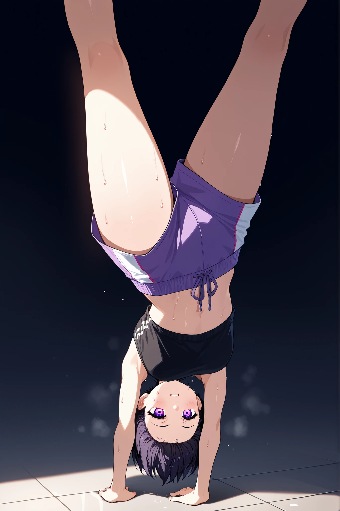 A girl standing on her hand handstand sweating heavily black short hair purple eyes top and shorts top on her face