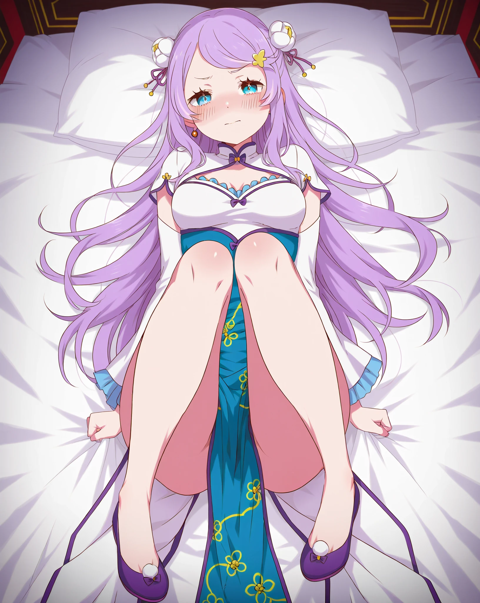 Sexy Anastasia hoshin from Re Zero, (from Re Zero head to toe full length look), in a seductive pose lying down, cross view, embarrassed face, lost glances, with very long hair , lying in a sexy position , Anastasia Hoshin's cheong-sam chinese outfit, eyes , deep exhalation, in a bedroom with white sheets