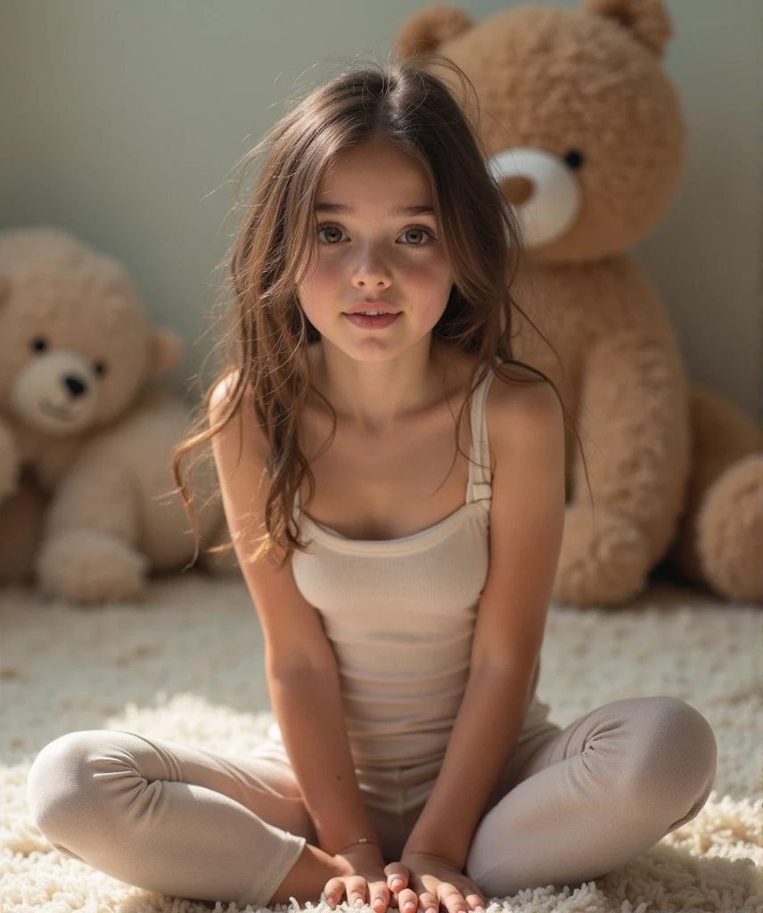 an image of a ager, she has light skin, she has brown hair, green eyes, thick and defined lips, she is thin, she has very small breasts, she is sitting on a bed, completely naked, you can see her breasts, she is holding a small teddy bear