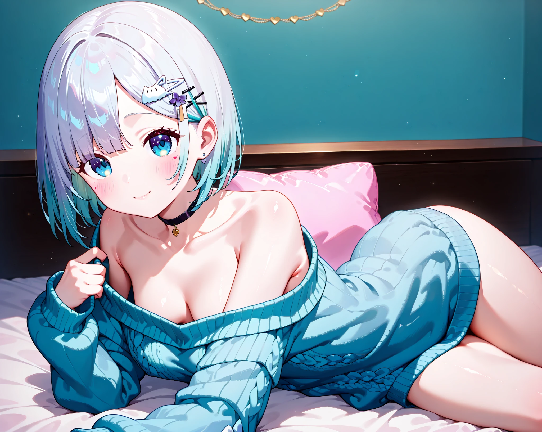 super high quality, with a girl, 20-year-old, very short hair, long bangs between the eyes, pale blue eyes , blue sky, sunlight, very detailed,(masterpiece、highest quality)、alone、gray hair、laughter、White skin as clear as snow、fantasy, silver hair, black eye, beautiful eyes,, ???????, charm, be smitten with audience, fantasyな風景、evening、lying in bed、pajamas