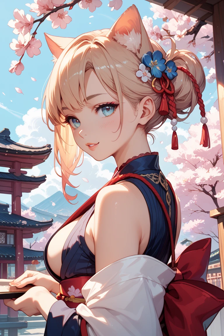 (((Masterpiece))), (((Highest quality))), ((Ultra-detailed)), ((Super fine illustration)), ((Ultra-fine painting)), (16K highest quality wallpaper:1.4), (Upper body:1.6), HDR, (Highly detailed and delicate illustration style:1.8), Detailed skin texture, Detailed cloth texture, Extreme detailed description, (T-masterpiece), (Highly detailed face:1.2), (Highly detailed fox ears:1.2), (Highly detailed shiny golden brown half updo:1.2), (Highly detailed clear blue eyes:1.2), Original, RAW photo, Professional, Intricate details, Super details, Direct light:1.6, (Perfect anatomy:1.4), (Highly detailed hands:1.2), (Highly detailed fingers:1.2), (Highly detailed fingertips:1.2), (27-years-old), Real, (Solo:1.8), ((A very beautiful and attractive fox fashion model with golden brown half updo and blue eyes wearing a bright red furisode with a floral pattern:1.4)) BRAKE (Beautiful and adorable fox ears:1.6), (Highly detailed and delicate fox ears:1.4), (Beautiful and well-shaped big breasts:1.2), (Beautiful and well-shaped buttocks), (Beautiful and shiny golden brown half updo:1.4), (Highly detailed and delicate golden brown half updo:1.2), (Beautiful clear blue eyes that shine with great detail:1.6), (Highly detailed and delicate blue eyes:1.2), (Highly detailed face:1.4), (Smile:1.5), (Blush:1.4), (Looking at viewer:1.4), (Celebration:1.4) BRAKE (Bright red furisode with floral pattern:1.4), (Japanese traditional costume:1.2) BRAKE (Concept art:1.2), (Detailed fantasy art:1.2) BRAKE ((Highly detailed and delicate Ise Grand Shrine in Mie Prefecture in the background just after noon in spring:1.6), (Celebration:1.4), Torii gate of Ise Shrine:1.4, Very beautiful in the sunny sky background just after noon:1.4) BRAKE 