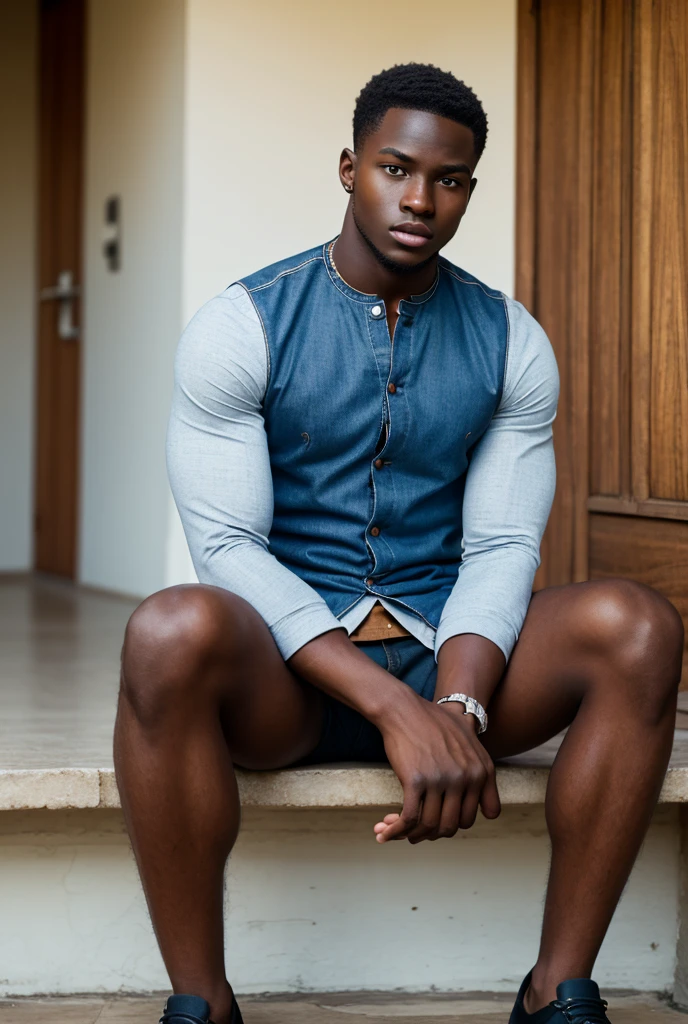 black man, thin, young black, very short hair, small hair, the young man is thin, he is shirtless, he is wearing a short short, blue shorts, 1.6 bulge in the shorts, the young man is sensual, medium brown eyes