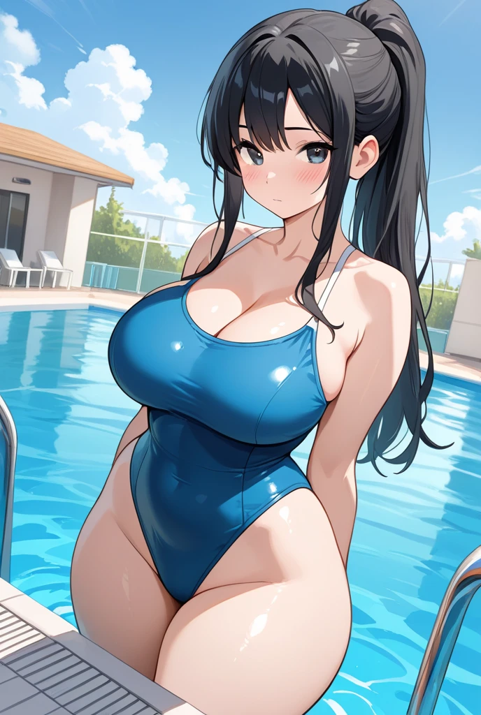Mother in deep navy blue tanksuit swimsuit sitting in pool、The swimsuit is wet、beautiful alluring anime teen、beautiful alluring anime woman、Gentle and maternal woman、Sexier than moist eyes、Sexy Art、Realistic sensual gravure idol